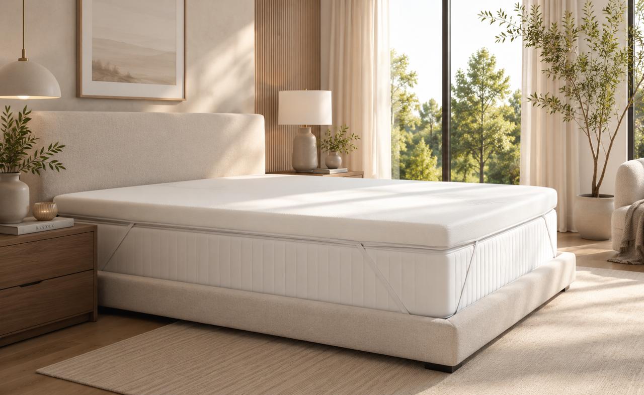 Saatva Graphite Memory Foam Cooling Topper on bed